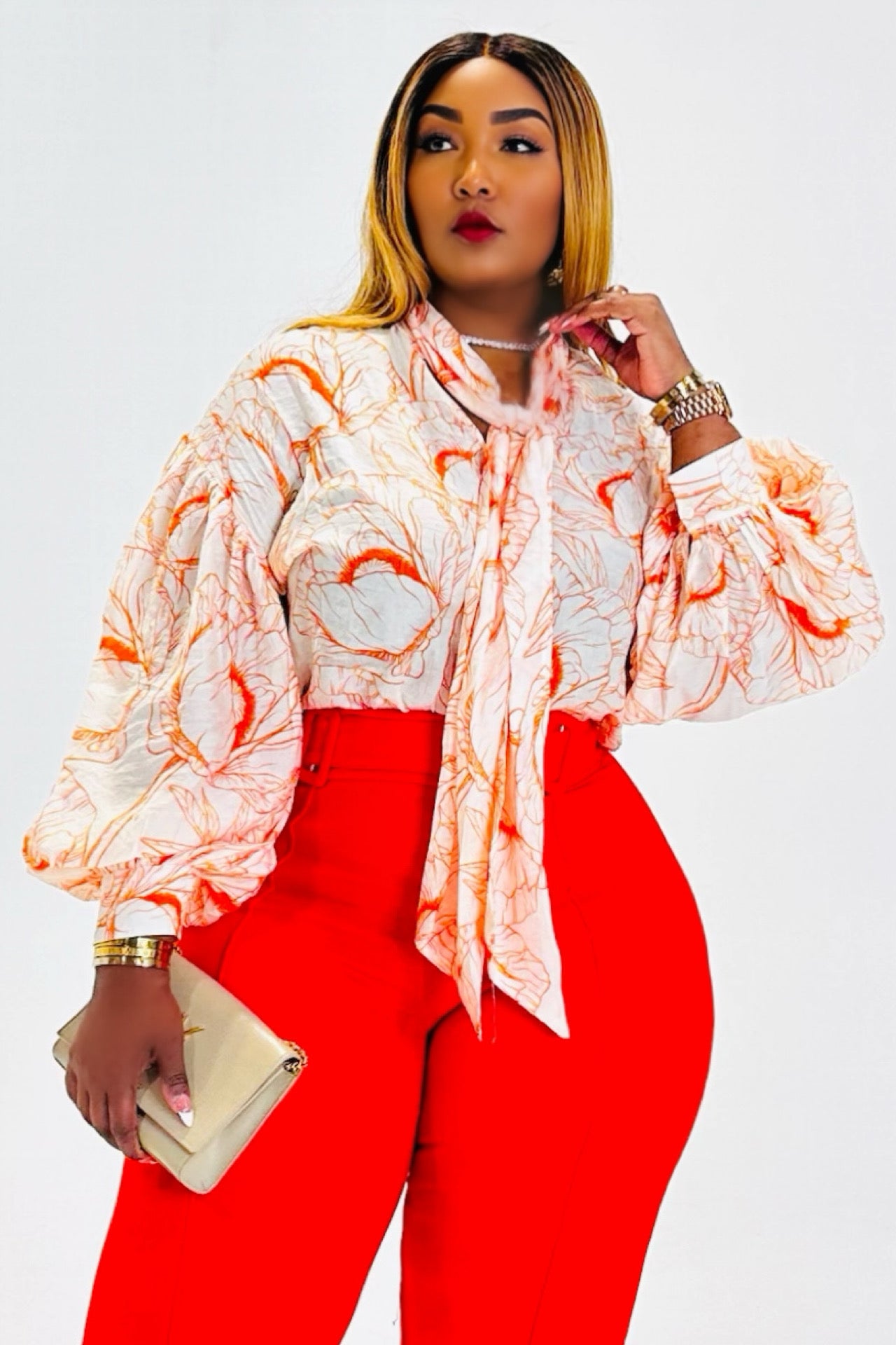 Bossy Prints Balloon Blouse (Tan/Orange)
