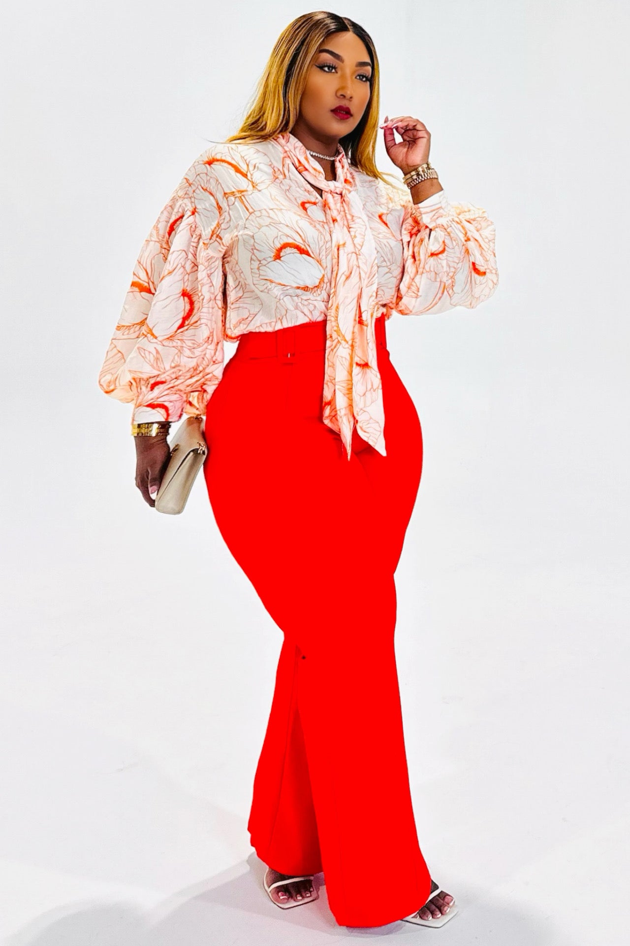 Bossy Prints Balloon Blouse (Tan/Orange)