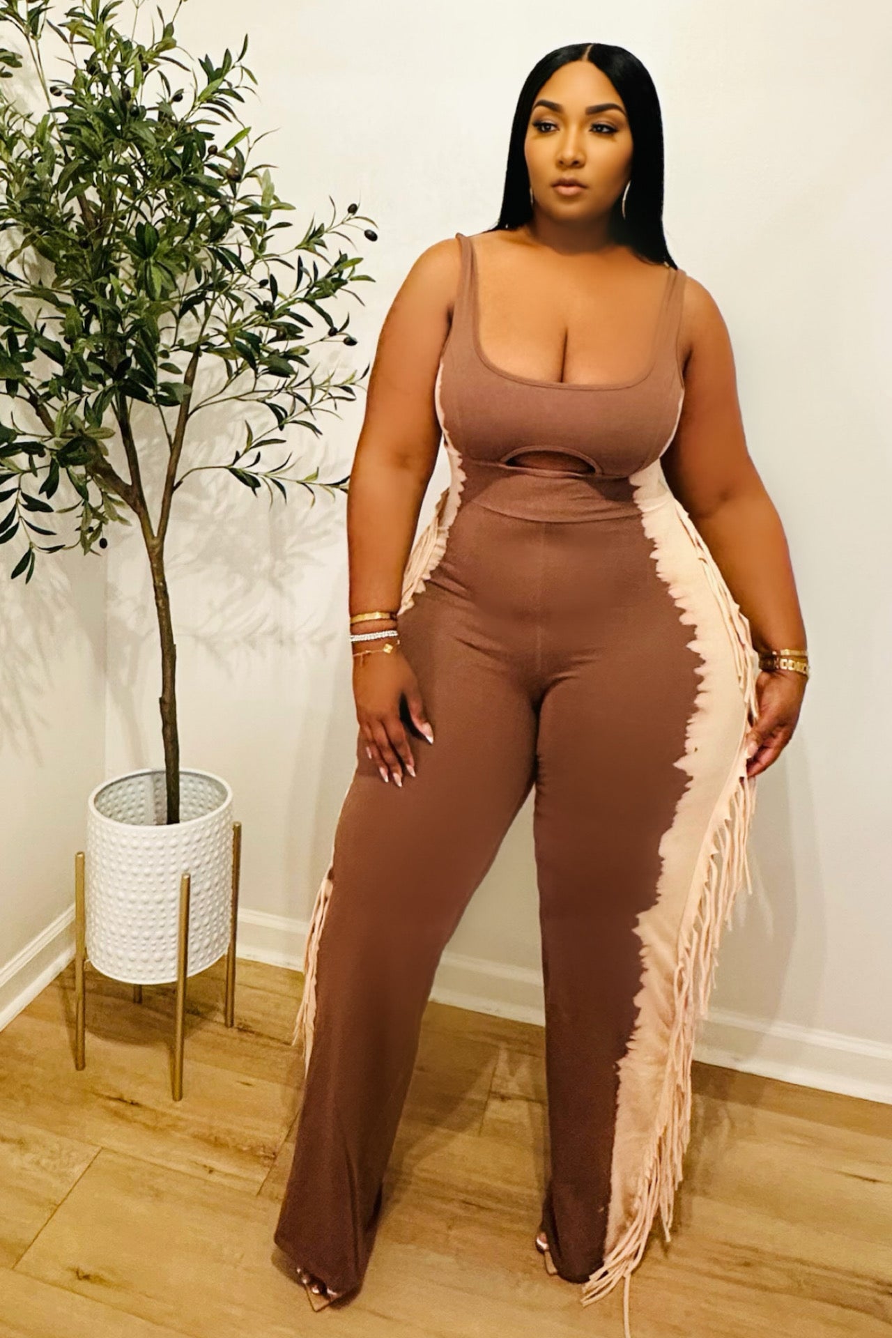 Taupe Temptations Two Toned Fringe Jumpsuit