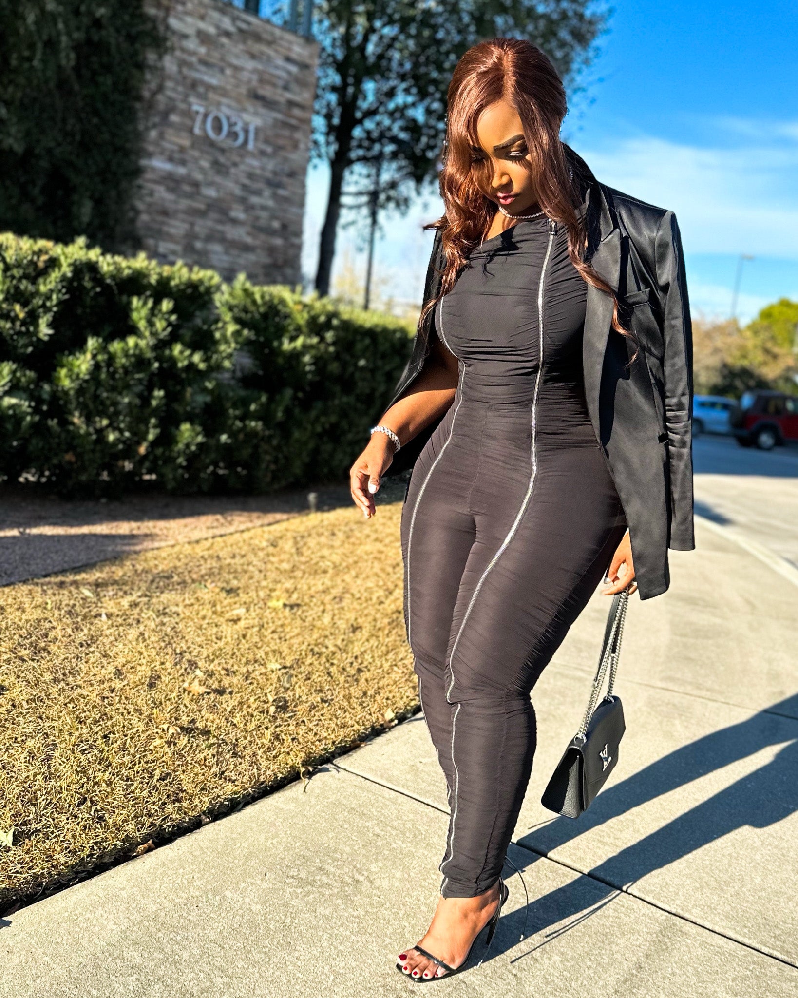 Zipped Up Jumpsuit (Black) - Kalexis Kouture 